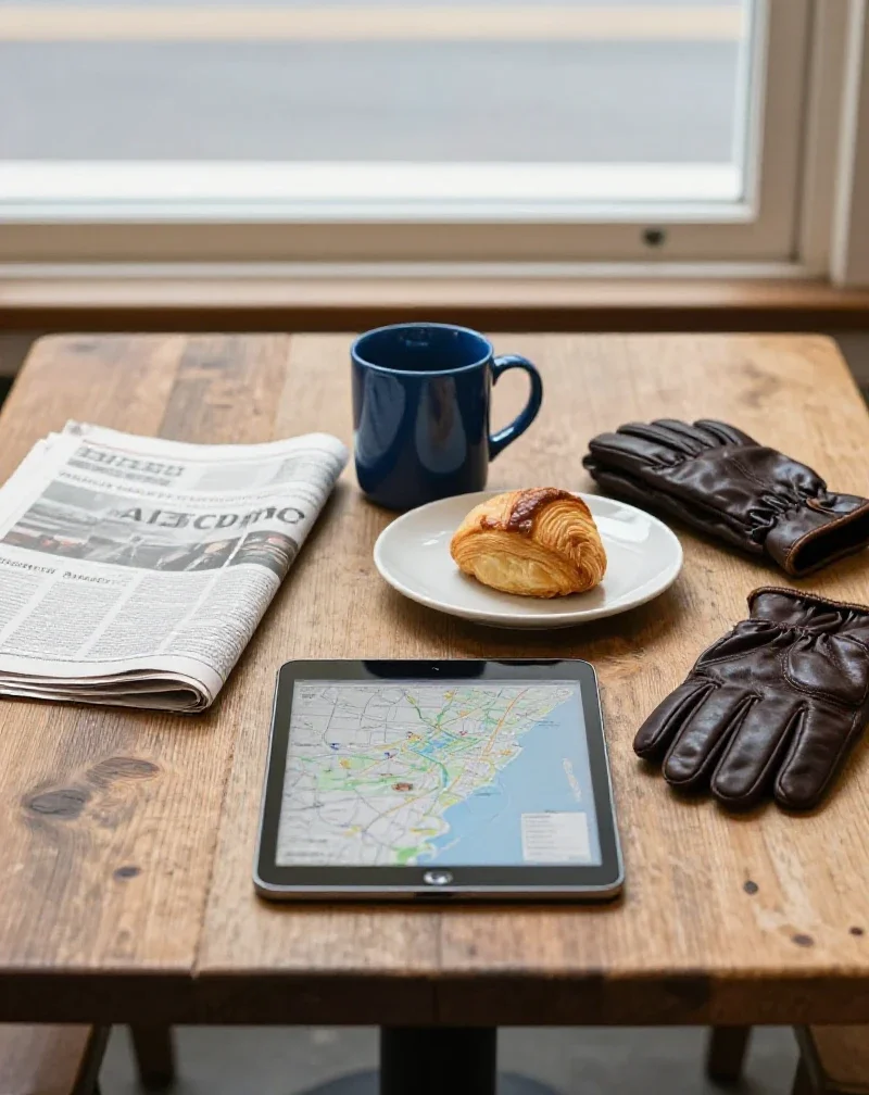 Un agencement d'objets du quotidien illustrant la curiosité pour l'actualité, la cuisine et les voyages.
