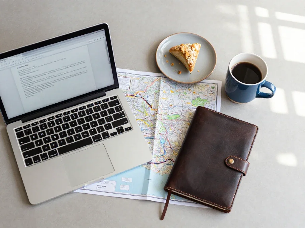 Espace de travail avec carnet, carte et café illustrant le décryptage pluridisciplinaire de l'information.