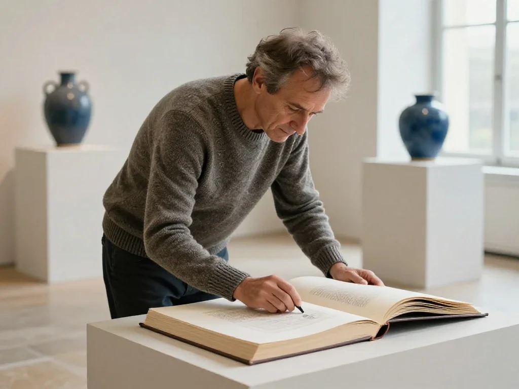 Un homme explore un ouvrage d'art, illustrant la richesse de la transmission culturelle.