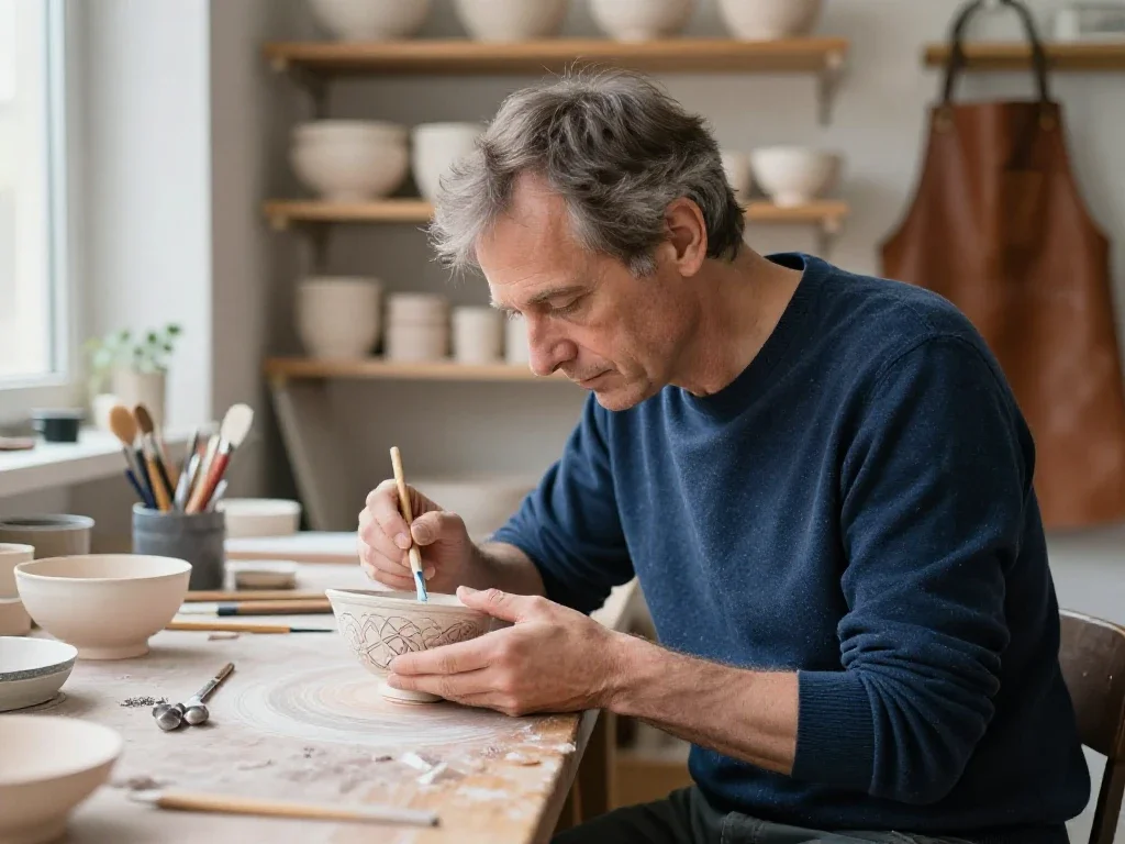 Un homme s'adonne à la peinture sur céramique dans un atelier lumineux pour illustrer les loisirs créatifs.