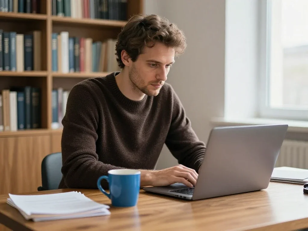 Un professionnel français utilise un ordinateur portable dans un bureau lumineux, illustrant l'usage quotidien de la technologie.